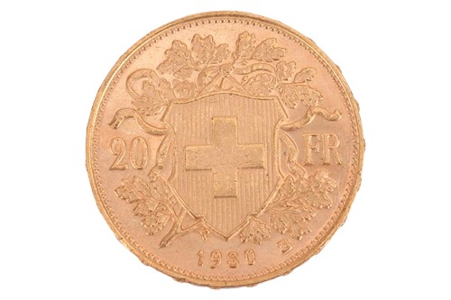 Lot 203 - A 1930 20 Franc coin, Bern mint, 6.4 grams.