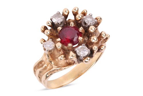 Lot 81 - An abstract diamond and synthetic ruby ring,...