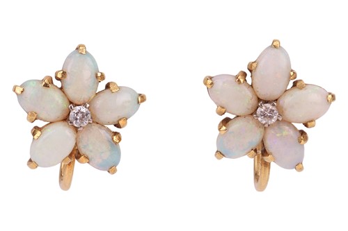 Lot 94 - A pair of opal and diamond floral earrings,...