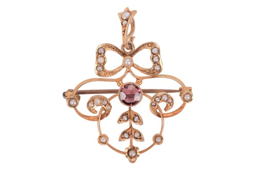 Lot 44 - An Edwardian pearl and tourmaline pendant, set...
