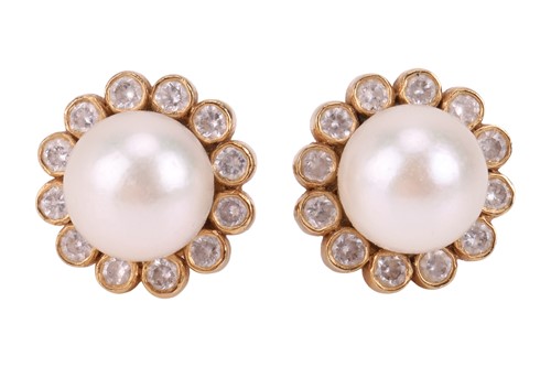 Lot 85 - A pair of cultured pearl and diamond cluster...