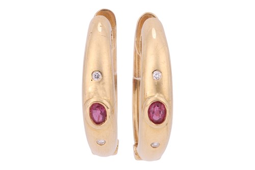 Lot 123 - A pair of gem-set hoop earrings in 18ct yellow...