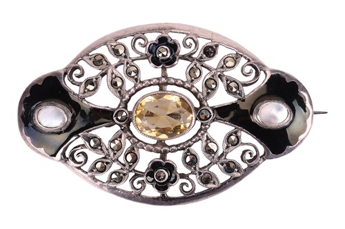 Lot 71 - Theodor Fahrner - An enamel and gem-set brooch,...