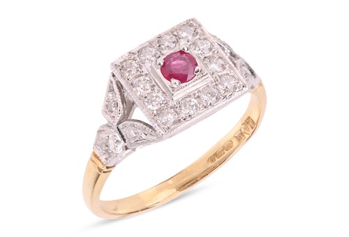 Lot 92 - A ruby and diamond panel ring, featuring a...
