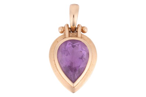 Lot 98 - An amethyst pendant, collet-set with a...