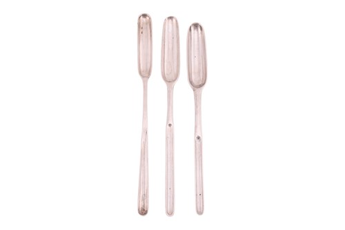 Lot Three George III silver marrow scoops;...