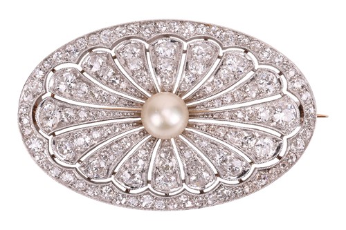 Lot 41 - A pearl and diamond-set plaque brooch,...