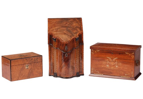 Lot 97 - A George III mahogany knife box, the slope and...