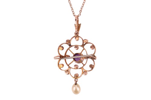 Lot 21 - An amethyst and seed pearl pendant necklace,...