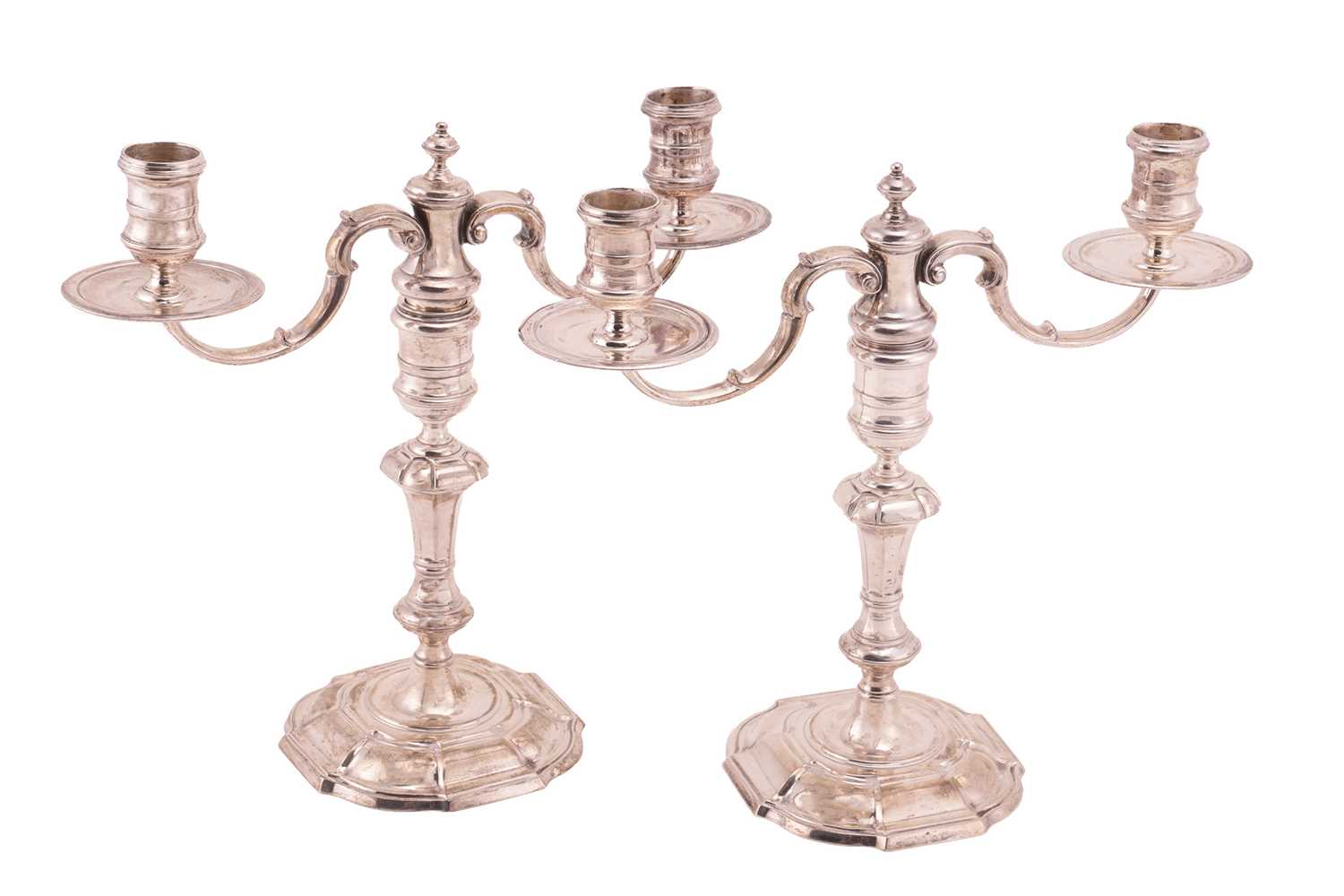 Lot 275 - A pair of silver two-light candelabra, by C F...