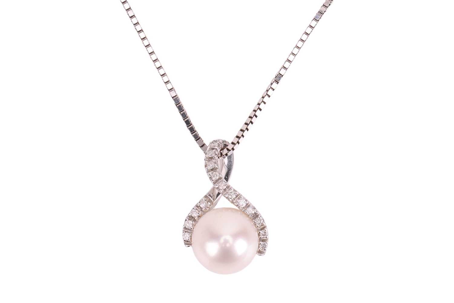 Lot 130 - A pearl and diamond pendant and chain, the...