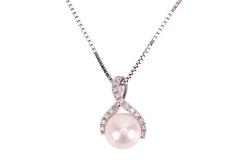 Lot 130 - A pearl and diamond pendant and chain, the...