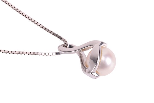 Lot 130 - A pearl and diamond pendant and chain, the...