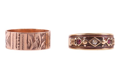 Lot 34 - Two Rings; A 9ct gold engraved band ring, ring...