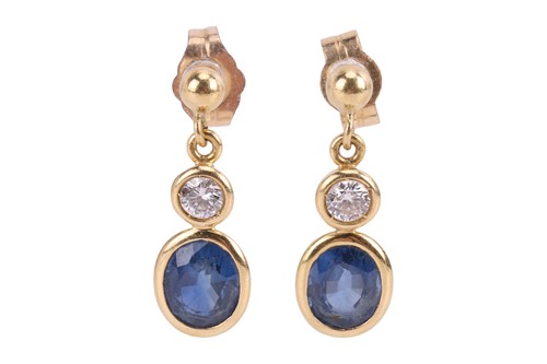 Lot 142 - A pair of sapphire and diamond drop earrings,...