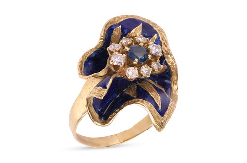 Lot 140 - A sapphire and diamond enamel ring, set with a...