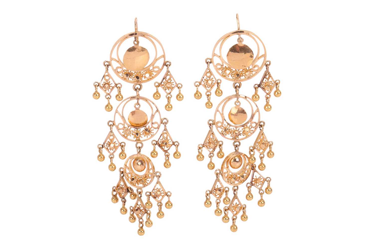 Lot 110 - A pair of fringe drop earrings, featuring a...