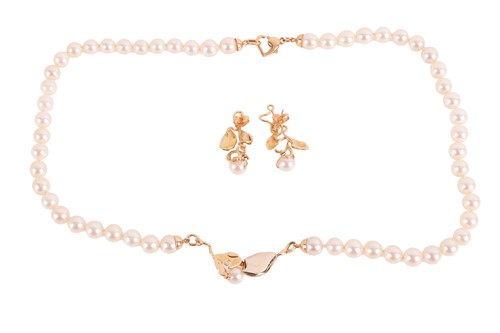 Lot 80 - A cultured pearl necklace and earring set; the...