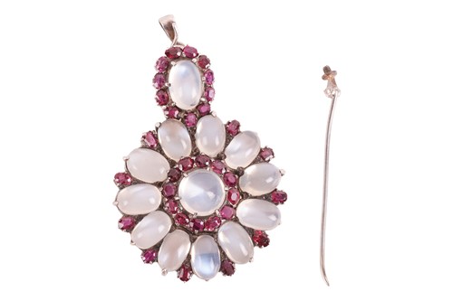 Lot 103 - A moonstone and ruby cluster pendant, the...