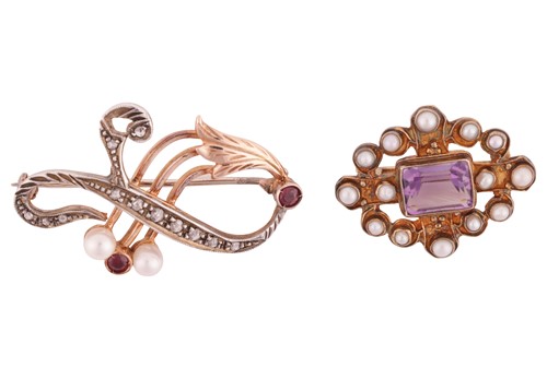 Lot 117 - Two gem and pearl set brooches, centrally-set...