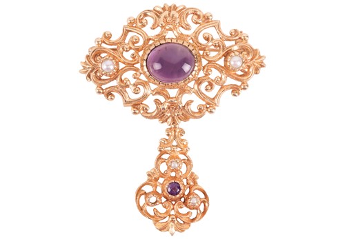 Lot 18 - A 9ct gold amethyst and pearl brooch, the 9ct...