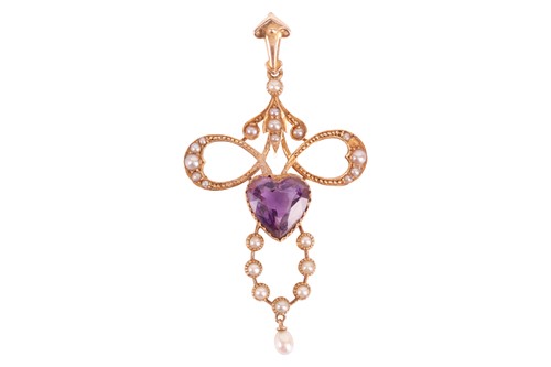 Lot 46 - An Edwardian amethyst and split pearl pendant,...