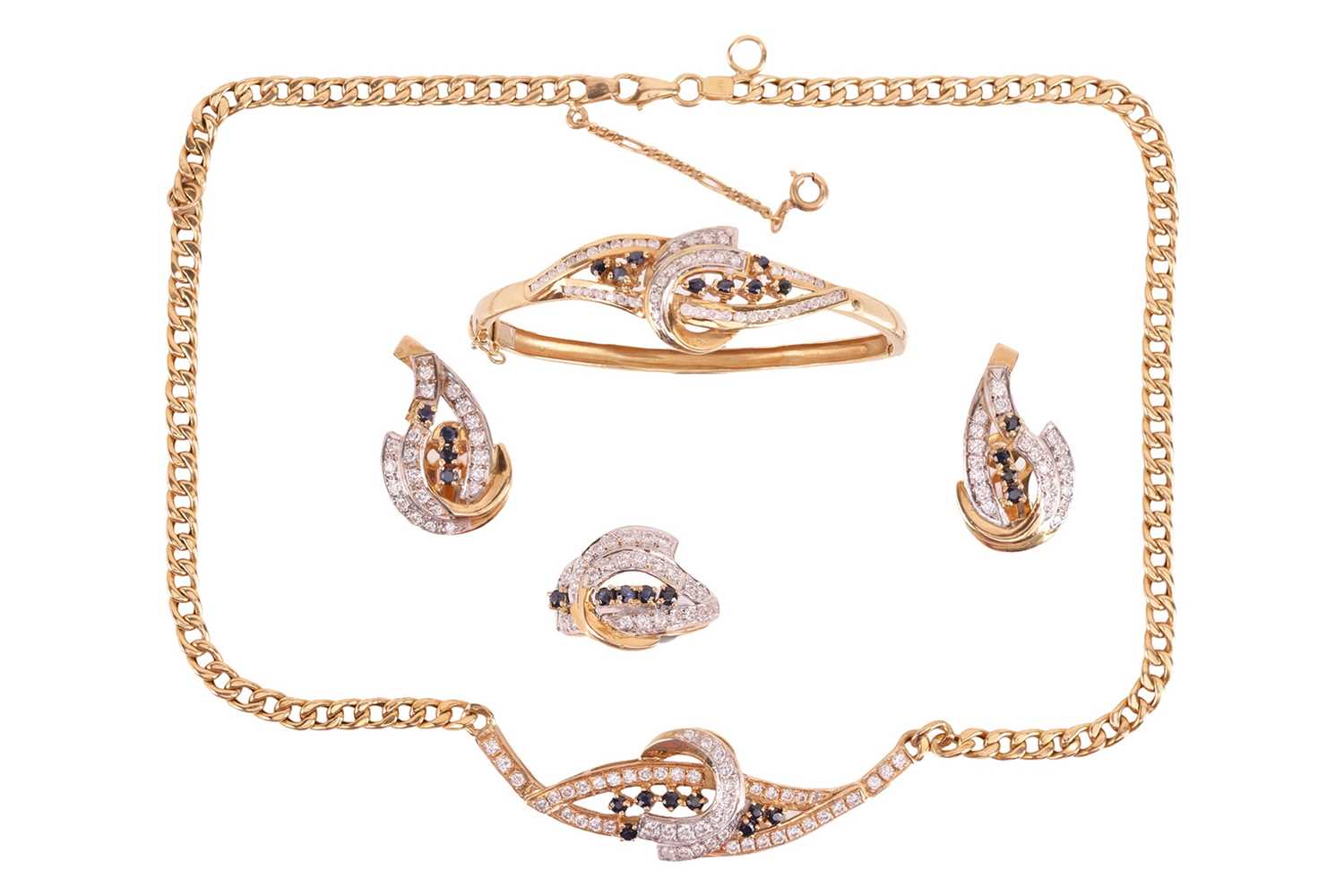 Lot 198 - A suite of gold, sapphire and CZ jewellery,...