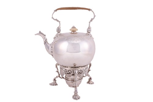 Lot 255 - A George II silver spirit kettle on stand, by...