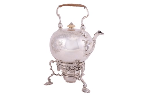 Lot 255 - A George II silver spirit kettle on stand, by...