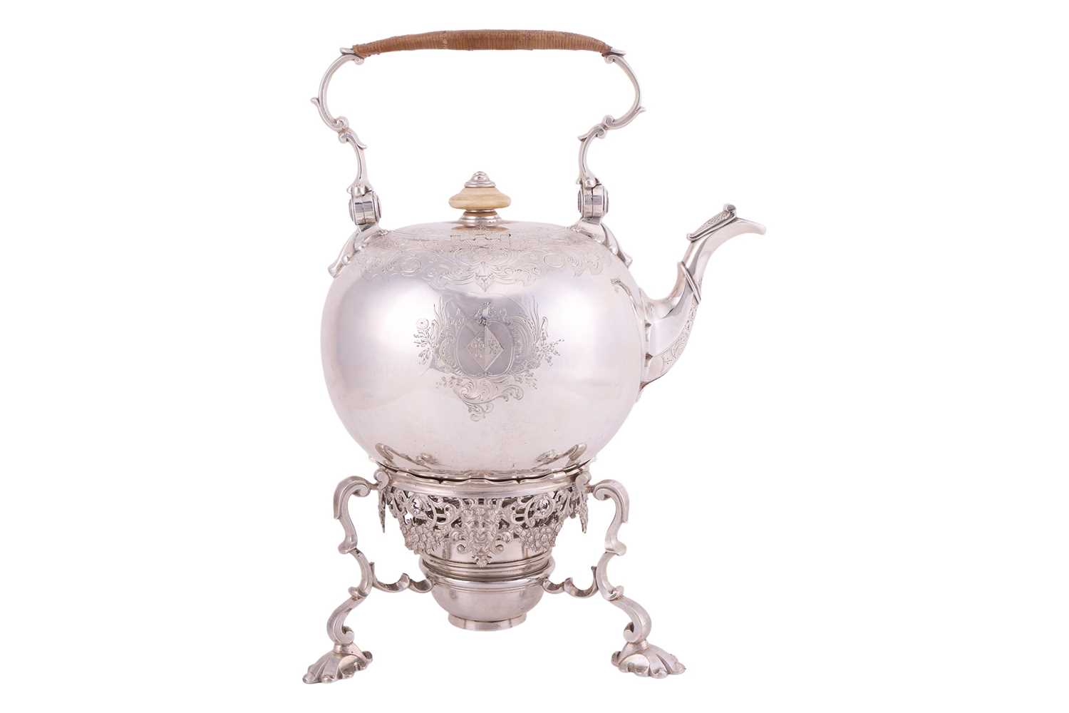 Lot 255 - A George II silver spirit kettle on stand, by...