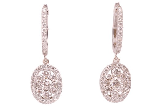 Lot 170 - A pair of diamond-set drop earrings, each oval-...