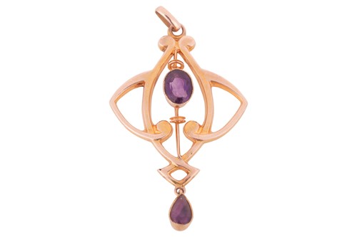 Lot 67 - An Edwardian amethyst drop pendant, featuring...