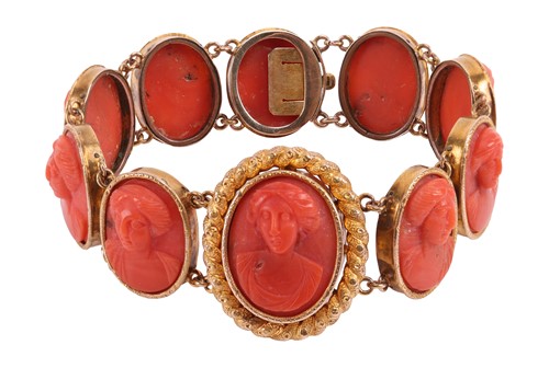 Lot 14 - A mid-Victorian carved coral link bracelet,...
