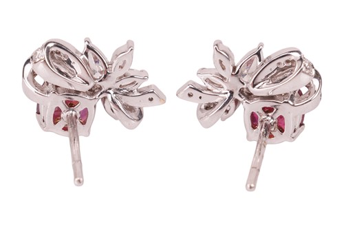 Lot 191 - A pair of Burmese ruby and diamond cluster...
