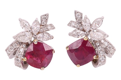 Lot 191 - A pair of Burmese ruby and diamond cluster...