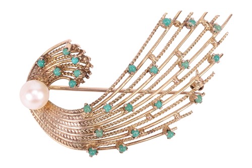 Lot 73 - A pearl and turquoise spray brooch, circa...