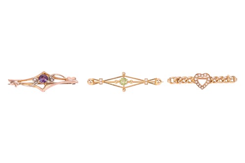 Lot 14 - Three bar brooches; The first an amethyst and...