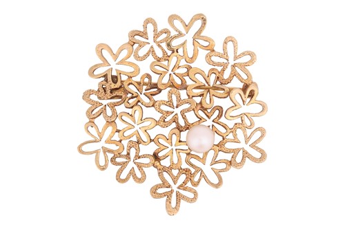 Lot 30 - A 9ct pearl-set flower brooch; comprising a...