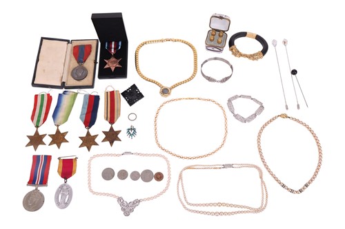 Lot 121 - A collection of costume jewellery and medals;...