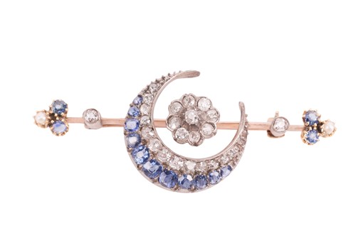 Lot 33 - A gem-set floral and crescent bar brooch,...