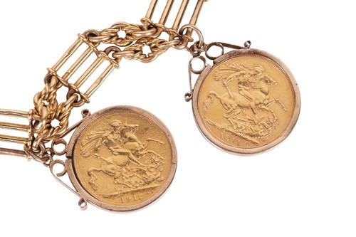 Lot 91 - A charm bracelet, the three-bar gate link...