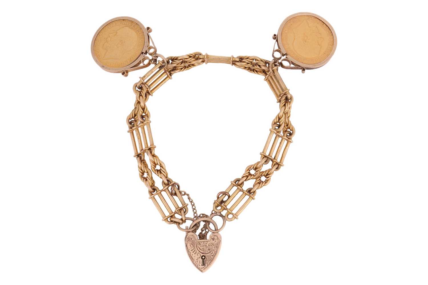Lot 91 - A charm bracelet, the three-bar gate link...