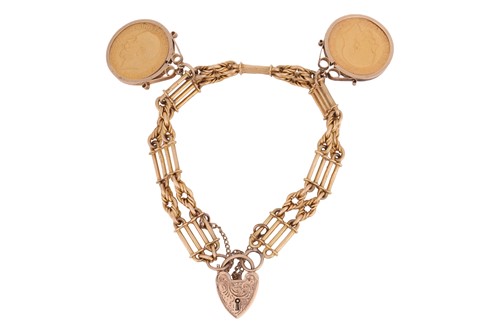 Lot 91 - A charm bracelet, the three-bar gate link...