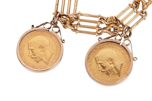 Lot 91 - A charm bracelet, the three-bar gate link...