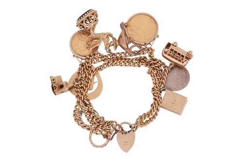 Lot 89 - A charm bracelet, the triple row flat...