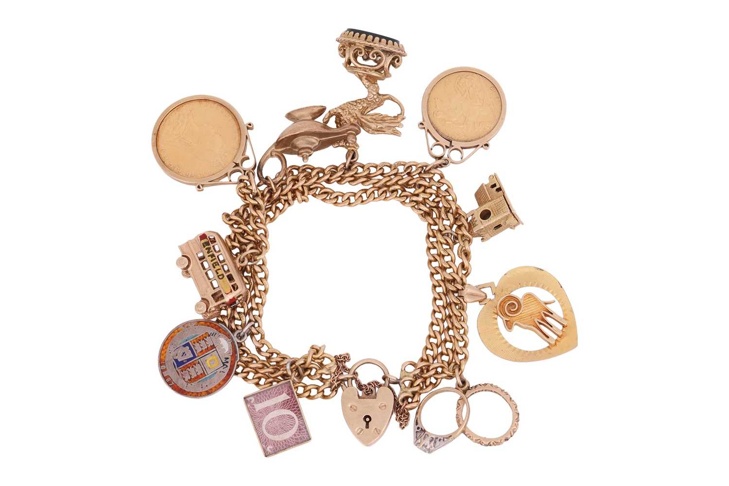 Lot 89 - A charm bracelet, the triple row flat...