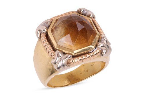 Lot 202 - A citrine dress ring, the square ring head...