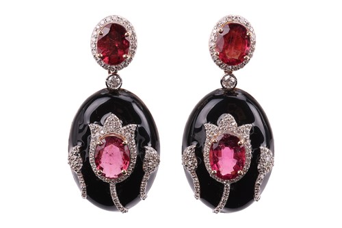 Lot A pair of tourmaline and diamond drop earrings,...