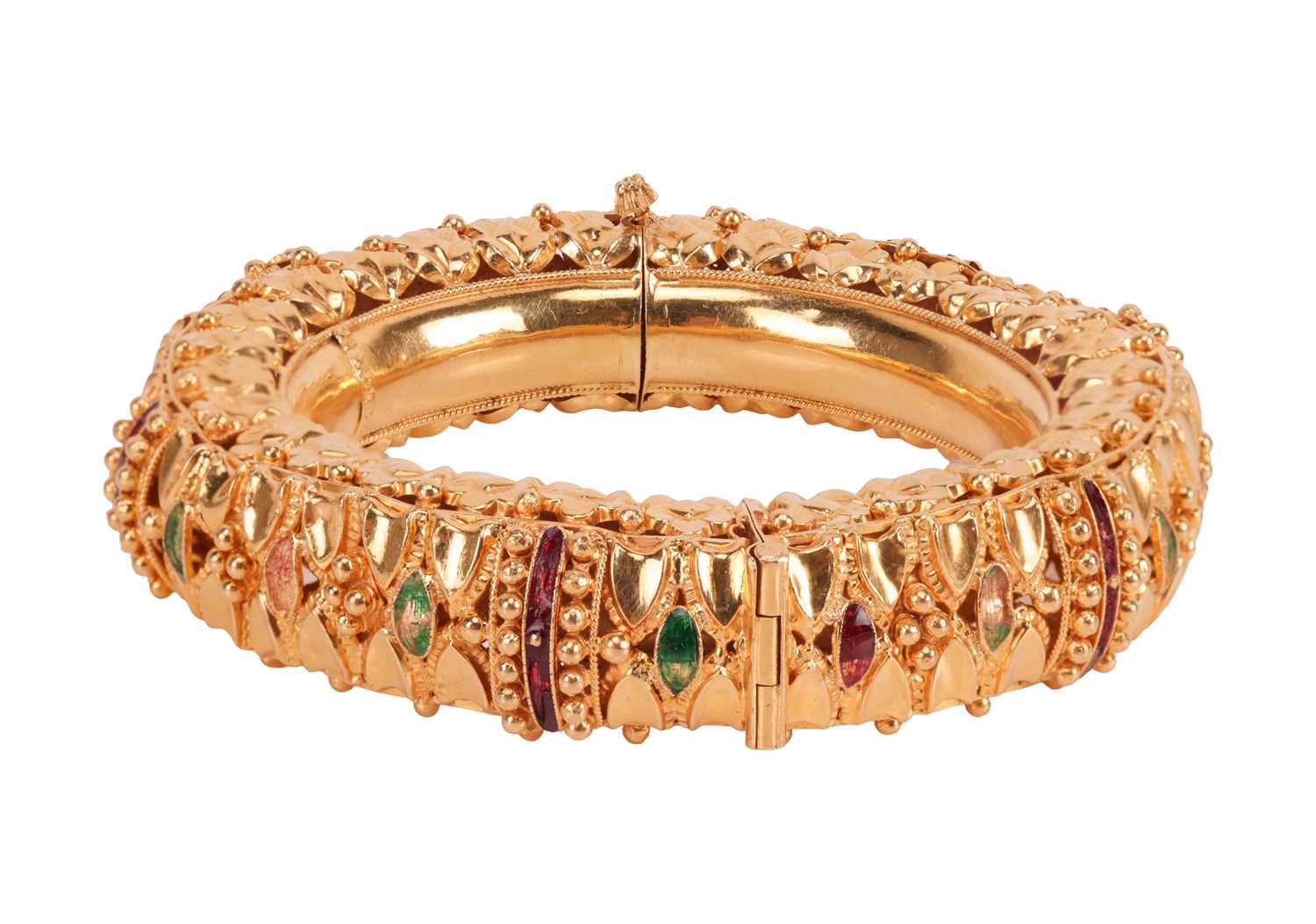 Lot An enamelled bangle, the hinged bangle with...