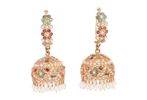 Lot A pair of gem-set earrings, each jhumka...